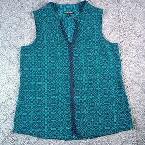 Banana Republic Small Teal Geometric Pom Pom Trim Sleeveless Blouse Top